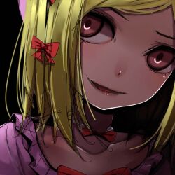  1girl blonde_hair collarbone dress eyeshadow highres lambdadelta looking_at_viewer makeup non-web_source pink_dress red_eyes red_ribbon ribbon smile umineko_no_naku_koro_ni upper_body 