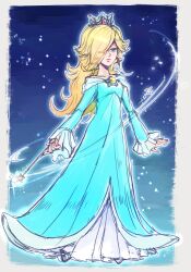  1girl agua_mp aqua_dress blonde_hair brooch dress earrings hair_over_one_eye highres holding holding_wand jewelry long_dress long_hair long_sleeves off-shoulder_dress off_shoulder rosalina silver_crown solo star_(symbol) star_brooch star_earrings star_wand super_mario_bros. super_mario_galaxy wand 