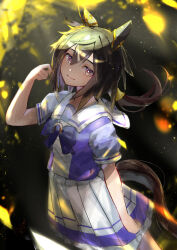  1girl absurdres animal_ears arm_at_side bow bowtie brown_eyes brown_hair commentary_request ear_covers feet_out_of_frame hair_between_eyes hand_up highres horse_ears horse_girl horse_tail horseshoe_ornament long_hair looking_at_viewer multicolored_hair pleated_skirt puffy_short_sleeves puffy_sleeves purple_bow purple_bowtie purple_serafuku purple_shirt rakasei5050 sailor_collar sailor_shirt school_uniform serafuku shirt short_sleeves skirt smile solo stay_gold_(umamusume) summer_uniform tail tracen_school_uniform umamusume white_skirt 