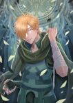  1boy bandaged_arm bandages cloak fate/grand_order fate_(series) fingerless_gloves gloves green_cloak green_eyes green_gloves hair_over_one_eye highres ichimichi_111 looking_at_viewer male_focus orange_hair petals robin_hood_(fate) short_hair signature smile solo 