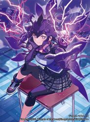  +_+ 1girl 2026 black_skirt claws closed_mouth commentary_request copyright_notice desk dragon_claw dragon_girl dragon_horns dragon_musume_ni_naritakunai! dragon_tail duel_masters electricity from_above hand_on_own_cheek hand_on_own_face headphones headphones_around_neck horns indoors kanyoko_(yuzukano_17) leggings light_smile official_art on_desk plaid_clothes plaid_skirt pointing pointing_at_viewer purple_hair purple_leggings purple_shirt purple_shoes school_desk shirt shoes short_sleeves sitting skirt solo tail teiozaka_mumu violet_eyes 