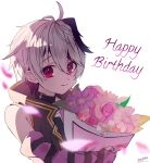  1girl ahoge arm_warmers backlighting bare_shoulders belt_collar blurry blurry_foreground bouquet collar en_(madoka_01) falling_petals flower_(vocaloid) flower_(vocaloid4) happy_birthday highres holding holding_bouquet jacket looking_at_viewer multicolored_hair petals purple_hair purple_jacket shirt short_hair signature sleeveless sleeveless_jacket sleeveless_shirt smile solo streaked_hair upper_body violet_eyes vocaloid white_background white_hair 
