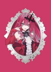  1girl absurdres baobhan_sith_(fate) baobhan_sith_(first_ascension)_(fate) breasts commentary detached_sleeves dress ele_cpg_c14 fate/grand_order fate_(series) frilled_dress frills grey-framed_eyewear grey_eyes hair_ornament highres long_hair looking_at_viewer pink_hair pointy_ears red_dress sidelocks smile solo tongue tongue_out untranslatable_commentary 