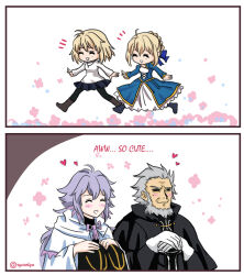  2boys 2girls above-cleavage_cutout ahoge antenna_hair arcueid_brunestud arms_at_sides artoria_pendragon_(fate) beard black_cloak black_pants black_pantyhose blue_dress blush blush_stickers boots braid braided_base brown_boots bun_with_braided_base capelet chibi chibi_inset cloak clothing_cutout commentary dress english_commentary english_text facial_hair fate/grand_order fate/stay_night fate_(series) field flower flower_field framed_breasts gloves gold_trim grey_beard hair_between_eyes hair_bun hair_ribbon hair_slicked_back hands_on_own_knees heart hopping in-franchise_crossover jewelry kischur_zelretch_schweinorg knee_up merlin_(fate) multiple_boys multiple_girls necklace old old_man pants pantyhose pink_flower purple_hair ribbon ryexolyn saber_(fate) shaded_eye short_hair sidelocks single_hair_bun single_hair_intake sitting smile sweater thigh_boots trait_connection tsukihime tsukihime_(remake) tunic turtleneck turtleneck_sweater undersuit white_capelet white_gloves white_sweater white_tunic wide_sleeves 