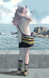  1girl aqua_eyes aroma_white bag black_skirt character_name chinese_commentary clouds cloudy_sky commentary_request cytus cytus_ii dated dianli11734 floating_headgear from_behind full_body headgear headphones highres long_hair looking_at_viewer looking_back ocean photo-referenced pink_hair shirt shoes shoulder_bag skirt sky socks standing striped_clothes striped_socks t-shirt tuner-san white_shirt yellow_shoes 