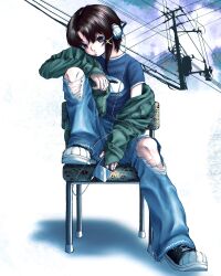  1girl alternate_costume asymmetrical_hair blue_pants blue_shirt brown_eyes brown_hair chair closed_mouth commentary denim full_body fuu1414 green_jacket hair_ornament headphones highres holding holding_mp3_player iwakura_lain jacket jeans mp3_player pants power_lines serial_experiments_lain shirt shoes short_sleeves sitting sneakers solo torn_clothes torn_jeans torn_pants transformer untranslatable_commentary utility_pole x_hair_ornament 
