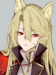  1girl :| animal_ears blonde_hair brown_jacket cat_ears closed_mouth collared_jacket collared_shirt commentary don_quixote_(project_moon) feather_boa gold_trim grey_background hair_between_eyes head_tilt high_collar highres jacket kemonomimi_mode la_manchaland's_don_quixote_(project_moon) la_manchaland_(identity)_(project_moon) limbus_company long_hair looking_past_viewer open_clothes open_jacket parted_bangs parted_hair parted_lips portrait project_moon red_eyes ritaritatter96 sancho_(project_moon) shirt shoulder_boards simple_background solo untranslatable_commentary white_shirt 
