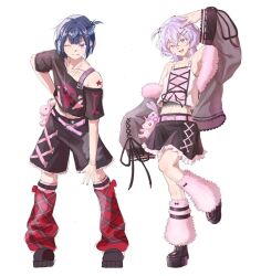  2boys :d :p ahoge alternate_costume alternate_hairstyle arm_up belt black_boots black_nails black_ribbon black_shirt black_shorts blue_hair blue_streaks blunt_ends bone_print boots bracelet brown_jacket center-flap_bangs chomm_cya collarbone commentary_request cross cross-laced_clothes cross-laced_shorts cross-laced_skirt cross-laced_sleeves cross-laced_top cross_necklace ensemble_stars! fashion fashion_style_request frilled_skirt frills full_body fur-trimmed_jacket fur_trim fuzzy_clothes groin hair_between_eyes hair_ornament hairclip hanamura_fuyume hand_on_own_hip heart heart_print jacket jewelry korean_commentary legwear_garter looking_at_viewer loose_socks male_focus midriff miniskirt multicolored_hair multiple_boys multiple_bracelets nail_polish navel necklace off-shoulder_jacket off-shoulder_shirt off_shoulder one_eye_closed one_side_up parallel_hairclips pink_belt pink_eyes pink_nails pink_ribbon pink_top plaid_clothes plaid_socks platform_boots purple_hair ribbon sagiri_esu shirt short_hair short_sleeves shorts simple_background skirt skull_print sleeve_ribbon sleeves_past_fingers sleeves_past_wrists smile socks standing standing_on_one_leg star_(symbol) star_sticker sticker streaked_hair stuffed_animal stuffed_rabbit stuffed_toy stuffed_unicorn subcul_jirai tank_top tongue tongue_out trap upturned_eyes v v-shaped_eyebrows violet_eyes watermark watermark_grid white_background 