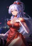  1girl absurdres bare_shoulders bow breasts commission commissioner_upload dress fire_emblem fire_emblem:_genealogy_of_the_holy_war hair_bow hand_on_own_chest highres ishtar_(fire_emblem) kozzz_y long_hair red_dress red_nails side_slit thighs violet_eyes 