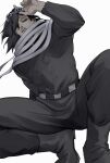 1boy belt black_footwear black_hair black_pants black_sweater boku_no_hero_academia boots eraser_head_(boku_no_hero_academia) expressionless eyewear_on_head facial_hair full_body gkrkjd6 highres male_focus medium_hair mustache pants parted_lips sideburns simple_background solo squatting sweater torn_clothes white_background 