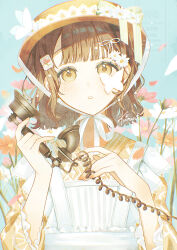  1girl absurdres antique_phone apron blurry blurry_background brown_eyes brown_hair brown_hat bug butterfly butterfly_on_face chinstrap commentary cosmos_(flower) dress fingernails floral_background flower food_print frilled_apron frills fruit_print hair_flower hair_ornament hair_ribbon hands_up hat highres holding holding_phone kirari_0810 lace-trimmed_headwear lace_trim lemon_print light_blush long_sleeves original parted_lips pearl_hair_ornament phone postage_stamp ribbon short_hair signature solo straight-on swept_bangs untranslatable_commentary upper_body upturned_eyes watermark wavy_hair white_apron white_butterfly white_flower white_ribbon yellow_dress yellow_nails 