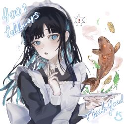  1girl ado_(utaite) black_hair blue_eyes blue_hair chando_(ado) colored_inner_hair commentary_request fish fork highres holding holding_fork holding_plate kulatasa long_hair long_sleeves looking_at_viewer maid maid_headdress milestone_celebration mole mole_under_eye multicolored_hair open_mouth plate simple_background solo thank_you utaite white_background 