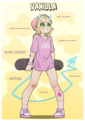 1girl bandaid bandaid_on_arm bandaid_on_cheek bandaid_on_face bandaid_on_knee bandaid_on_leg beanie black_sclera blonde_hair blue_horns blue_tail bra_strap broken_tail character_name character_profile clothes_writing colored_sclera commentary demon_girl demon_tail english_commentary english_text flat_chest freckles fuck-me_shirt full_body green_eyes grin hair_between_eyes hat highres holding holding_skateboard horns long_shirt looking_at_viewer medium_hair notched_ear original pigeon-toed pink_hat pink_shirt pink_shoes pink_socks pointy_ears scratches sharp_teeth shirt shoes skateboard smile sneakers socks solo standing tail teeth the_pink_pirate vanilla_(the_pink_pirate) wristband 