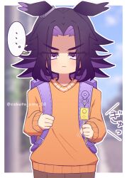  ... 1girl absurdres aged_down animal_ears backpack bag black_hair blue_sky blurry blurry_background border brown_pants child closed_mouth commentary_request curtained_hair ears_down fenomeno_(umamusume) flipped_hair highres horse_ears horse_girl long_sleeves looking_at_viewer medium_hair multicolored_hair orange_sweater outdoors outside_border pants purple_bag purple_hair sky solo spoken_ellipsis sweater umamusume upper_body violet_eyes w3n6e white_border 