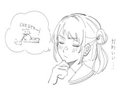  1girl animalization blush chesto_(phrase) closed_eyes commentary_request double_bun flower greyscale hair_bun hair_flower hair_ornament hamster hand_on_own_chin imagining kachimachi_kosuzu love_live! love_live!_hasu_no_sora_jogakuin_school_idol_club monochrome porari rowing shinowa_mion sidelocks simple_background solo speech_bubble stroking_own_chin thought_bubble two_side_up v-shaped_eyebrows virtual_youtuber white_background 