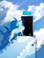  absol absurdres birdwithbreads clouds commentary english_commentary exit_sign highres no_humans pokemon pokemon_(creature) pokemon_focus shadow stairs the_truman_show unown unown_! unown_e unown_h unown_i unown_o unown_t unown_x 