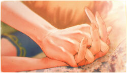  2girls asimov_(spindle_(aidenr0)) close-up commentary english_commentary fingernails hand_focus hand_grab highres interlocked_fingers lying multiple_girls on_back orange_hair original ottilie_(spindle_(aidenr0)) spindle_(aidenr0) yuri 