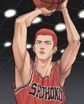 1boy arms_up ball bare_arms basketball_(object) basketball_jersey basketball_uniform brown_eyes closed_mouth dododo highres holding holding_ball indoors looking_up male_focus red_shirt redhead sakuragi_hanamichi shirt short_hair slam_dunk_(series) sleeveless sleeveless_shirt solo sportswear sweat toned toned_male upper_body very_short_hair 