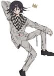  1boy absurdres arm_behind_head black_eyes black_footwear black_hair blush buttons checkered_clothes checkered_scarf crown danganronpa_(series) danganronpa_v3:_killing_harmony double-breasted flipped_hair grey_jacket grey_pants hair_between_eyes highres invisible_chair jacket long_sleeves male_focus medium_hair oma_kokichi pants scarf simple_background sitting sleeves_past_wrists solo wa_noko white_background 