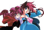  1990s_(style) 2girls arm_up bakuretsu_hunters blue_eyes chocolate_misu earrings floating_hair gotou_keiji hand_on_another&#039;s_shoulder highres jewelry long_hair long_sleeves multiple_girls nail_polish non-web_source open_mouth photoshop_(medium) pink_hair pink_nails red_eyes redhead retro_artstyle scan siblings simple_background sisters smile tira_misu white_background 