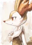  1girl animal_ear_fluff animal_ears animal_nose artist_name blush body_fur braixen closed_mouth commentary flat_chest fox_ears fox_girl fox_tail from_side furry furry_female hand_on_own_chest hand_up happy highres ikei light_blush neck_fur pokemon pokemon_(creature) red_eyes romaji_commentary signature simple_background smile snout solo split_mouth standing tail two-tone_fur upper_body white_fur yellow_background yellow_fur 