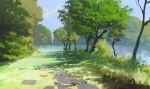  blue_sky bush clouds cloudy_sky cobblestone grass hedge highres no_humans original painting_(medium) path plant river riverbank scenery sky slow_d traditional_media tree water 