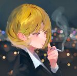  1girl bags_under_eyes black_suit blonde_hair blurry blurry_background bokeh cigarette depth_of_field formal from_side holding holding_cigarette looking_down night original sekoshi_(some1else45) shirt short_hair smoking solo some1else45 suit white_shirt 