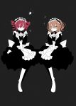  2girls a.i._voice absurdres adachi_rei alternate_costume apron ascot black_background bow brooch commentary dot_mouth drill_hair enmaided expressionless frilled_hairband frills full_body hairband hands_on_lap highres jewelry kasane_teto looking_at_viewer maid maid_apron maid_headdress matching_outfit medium_hair multiple_girls nerune_(nekatze) one_side_up orange_eyes orange_hair partially_colored red_eyes redhead simple_background sleeves_past_elbows sparkle star_(symbol) twin_drills utau v_arms waist_bow 