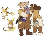  3girls absurdres alolan_raichu basket blonde_hair boots breasts brown_dress brown_footwear brown_hair brown_headwear brown_overalls cardigan child closed_eyes closed_mouth commentary curly_hair dark-skinned_female dark_skin dress earrings english_commentary family female_child flower freckles full_body grey_hair hat hat_flower highres holding holding_basket humanization jewelry long_hair magicact mother_and_daughter multiple_girls open_mouth overalls pichu pokemon pokemon_(creature) print_dress purple_footwear raichu reference_inset shirt shoes short_hair short_sleeves simple_background smile standing sun_hat violet_eyes white_background wife_and_wife yellow_cardigan yellow_shirt 