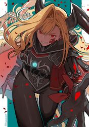  1girl absurdres armor backlighting blonde_hair cape facial_mark fate/grand_order fate_(series) fringe_trim fur_trim gloves hand_on_hilt highres horns long_hair looking_at_viewer nero_claudius_(fate) none_(kameko227) outstretched_arm pauldrons petals queen_draco_(third_ascension)_(fate) red_eyes shoulder_armor skin_tight smile solo thigh_gap 