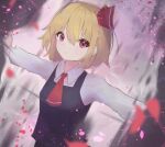  1girl absurdres ascot black_vest blonde_hair blurry blurry_background blurry_foreground closed_mouth collared_shirt commentary commentary_request hair_ribbon highres long_sleeves looking_at_viewer matcha_yado outstretched_arms red_ascot red_eyes red_ribbon ribbon rumia shirt short_hair solo spread_arms touhou upper_body vest white_shirt 