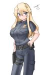  1girl absurdres badge belt blonde_hair blue_eyes blue_pants blue_shirt breast_pocket breasts contrapposto dated highres iowa_(kancolle) kantai_collection large_breasts maru_(marg0613) one-hour_drawing_challenge pants pocket police police_uniform policewoman shirt simple_background solo star-shaped_pupils star_(symbol) symbol-shaped_pupils twitter_username uniform white_background 