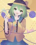  1girl absurdres black_headwear character_name commentary_request green_eyes green_hair green_skirt hat hat_ribbon highres holding holding_phone komeiji_koishi long_sleeves looking_at_viewer matcha_yado phone ribbon shirt short_hair skirt solo third_eye touhou yellow_background yellow_ribbon yellow_shirt 