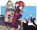  2boys 2girls ahoge aldo_(another_eden) another_eden bag black_cat can cat character_request closed_mouth food hood hoodie long_hair multiple_boys multiple_girls open_mouth redhead school_bag shinwoo_choi short_hair skirt smile soda_can 