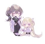  1boy 1girl age_difference bishounen black_shirt black_thighhighs blonde_hair blush bug butterfly chibi couple cup disposable_cup dress full_body garter_straps grey_hair hair_rings holding holding_cup long_hair msa_(fary_white) open_mouth original ponytail red_pupils shirt simple_background thigh-highs very_long_hair white_eyes 