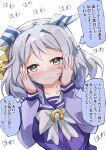  animal_ears blue_eyes blush breasts closed_mouth collarbone grey_hair hands_on_own_cheeks hands_on_own_face hishi_miracle_(umamusume) horse_ears horse_girl horse_tail looking_at_viewer medium_breasts medium_hair nodachi_(artist) portrait ribbon school_uniform simple_background tail tracen_school_uniform translation_request umamusume white_background 