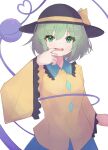  1girl black_headwear commentary_request finger_to_mouth green_eyes green_hair hat hat_ribbon heart heart_of_string highres komeiji_koishi light_particles long_sleeves looking_at_viewer matcha_yado open_mouth ribbon shirt short_hair simple_background solo third_eye touhou upper_body white_background wide_sleeves yellow_ribbon yellow_shirt 