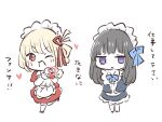  alternate_costume apron blonde_hair blue_bow blue_dress blush bow chibi commentary_request dress enmaided hair_bow hanaya_102 heart heart_hands inoue_takina long_hair lycoris_recoil maid maid_apron maid_day maid_headdress nishikigi_chisato no_pupils one_side_up red_dress red_eyes short_hair simple_background translation_request unamused violet_eyes 