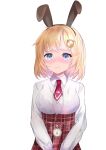  1girl absurdres animal_ears blonde_hair blue_eyes blush closed_mouth collared_shirt embarrassed fake_animal_ears frown highres hololive hololive_english long_sleeves medium_hair mifu18 necktie pocket_watch rabbit_ears red_necktie shirt simple_background skirt solo virtual_youtuber watch watson_amelia white_background white_shirt 