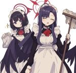  2girls :o ^_^ alternate_costume apron ascot black_choker black_hair black_wings blue_archive choker closed_eyes commentary_request enmaided feathered_wings frilled_apron frills hair_ornament hairclip halo highres holding holding_mop ichika_(blue_archive) long_hair long_sleeves looking_at_viewer maid maid_apron maid_headdress mashiro_(blue_archive) mop multiple_girls parted_bangs pendant_choker rag sidelocks simple_background violet_eyes white_apron white_background wings wotakana_s 