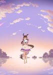  1girl admire_vega_(umamusume) animal_ears barefoot bow bowtie brown_hair closed_eyes clouds facing_viewer floating highres horizon horse_ears horse_girl horse_tail kanpachi_(ill_knpch) long_hair low_ponytail open_mouth outdoors own_hands_together petticoat purple_shirt reflection ripples sailor_collar school_uniform shirt shooting_star short_sleeves skirt smile solo sunset tail tracen_school_uniform umamusume water white_skirt 