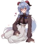  1girl ahoge arm_support black_bow black_bowtie black_shirt blue_hair bow bowtie commentary_request frilled_shirt frills ganyu_(china_merchants_bank)_(genshin_impact) ganyu_(genshin_impact) genshin_impact geppeikun glasses goat_horns hair_between_eyes heart high-waist_skirt highres horns long_hair long_sleeves looking_at_viewer low_ponytail official_alternate_costume orange_eyes semi-rimless_eyewear shirt sidelocks simple_background sitting skirt smile solo wariza white_background white_skirt wide_sleeves 