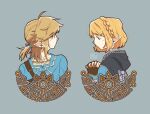  1boy 1girl aki_lin artist_logo belt black_cape blonde_hair blue_shirt brown_gloves cape collarbone ear_piercing fingerless_gloves gloves grey_background hair_ornament hairclip highres link piercing pointy_ears ponytail princess_zelda profile shirt short_hair simple_background the_legend_of_zelda the_legend_of_zelda:_tears_of_the_kingdom 