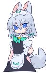  1girl animal_ears apron bell black_dress blue_eyes bow braid chibi dog_ears dog_tail dress green_bow grey_hair highres inu_sakuya_(nejikirio) izayoi_sakuya jingle_bell kemonomimi_mode maid maid_headdress op_na_yarou shirt short_hair simple_background solo tail touhou twin_braids white_background white_shirt 