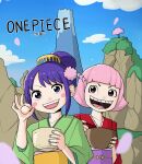  2girls absurdres clouds hair_ornament highres japanese_clothes kimono looking_at_viewer multiple_girls oddman1234 one_piece open_mouth pink_hair purple_hair short_hair smile tama_(one_piece) toko_(one_piece) 