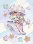  1girl blonde_hair blue_eyes blush chibi clouds colette_(lettiebobettie) crown curly_hair dress earrings elbow_gloves floating frilled_dress frills full_body gloves heart heart-shaped_pupils high_heels highres holding holding_umbrella jewelry long_dress long_hair looking_at_viewer mini_crown mushroom parasol pink_dress pink_footwear pink_lips princess_peach puckered_lips puffy_short_sleeves puffy_sleeves shooting_star short_sleeves super_mario_bros. symbol-shaped_pupils umbrella white_gloves 