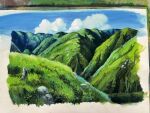  aerial_(aerial_30) blue_sky border clouds cloudy_sky flower grass highres mountain mountainous_horizon no_humans original painting_(medium) photo_(medium) plant rock shadow sky sunlight traditional_media tree valley white_border 