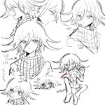  1boy :d buttons danganronpa_(series) danganronpa_v3:_killing_harmony double-breasted flipped_hair greyscale hair_between_eyes highres jacket looking_at_viewer male_focus medium_hair monochrome multiple_views oma_kokichi pants plaid plaid_scarf pout scarf sketch smile teeth translation_request upper_teeth_only wa_noko 