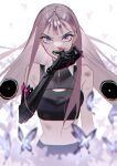  1girl absurdres black_bra blood blue_eyes bra bug butterfly chromatic_aberration highres looking_at_viewer mechanical_arms nosebleed open_mouth original pink_nails single_mechanical_arm solo underwear upper_body white_background yomiya_sateko 