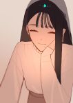  1girl absurdres black_hair closed_eyes facing_viewer highres long_hair long_sleeves original shirt shirt_tucked_in simple_background smile solo tan_background white_shirt yomiya_sateko 